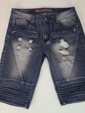 Trillnation Men's (30) Blue Denim Moto Destroyed Distressed Bermuda Shorts
